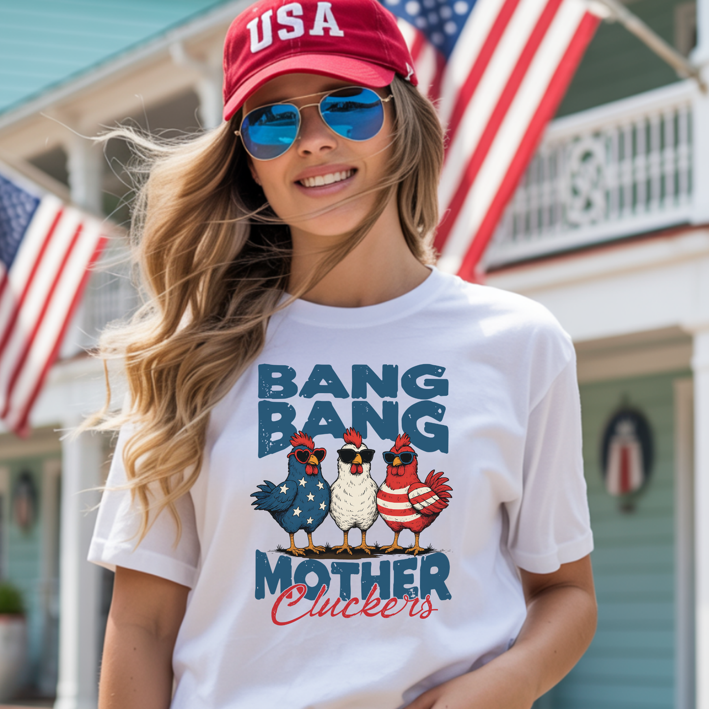 Bang Bang Mother Cluckers Funny 4th of July T-Shirt - Patriotic Chicken Graphic Tee