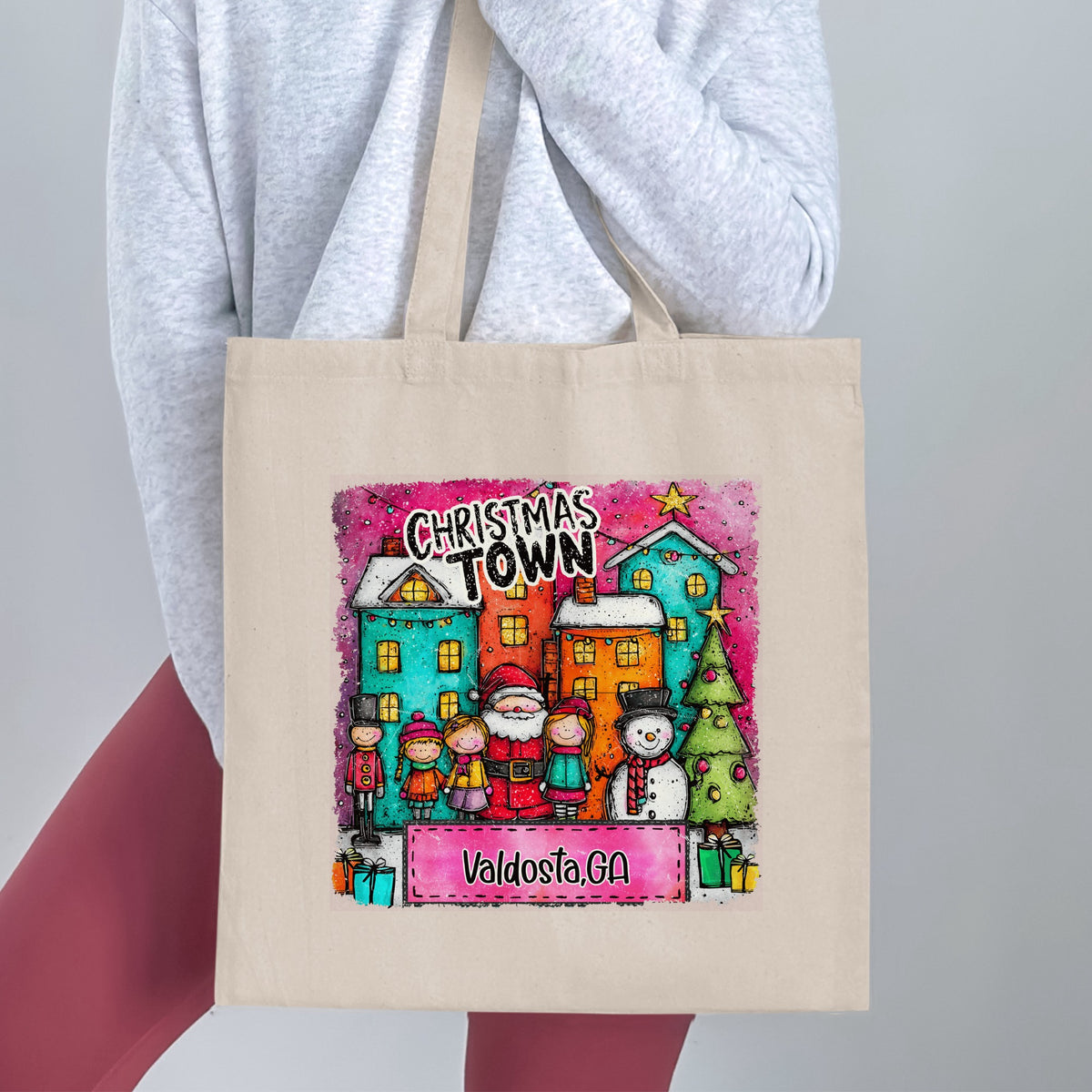 Canvas tote bag with Christmas Town design and Valdosta, GA text.