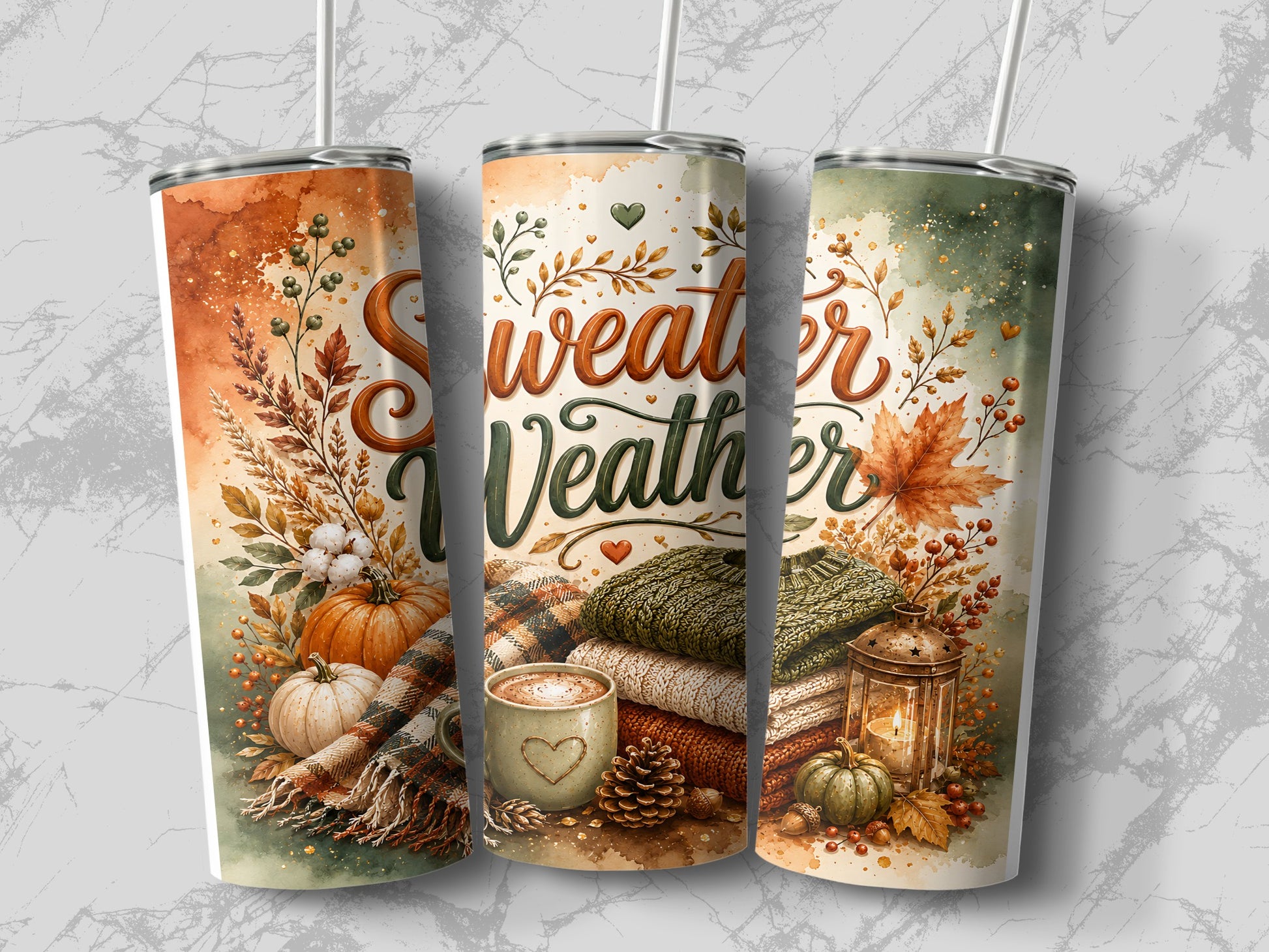 "Sweater Weather" autumn tumbler designs with pumpkins, leaves, and cozy items.