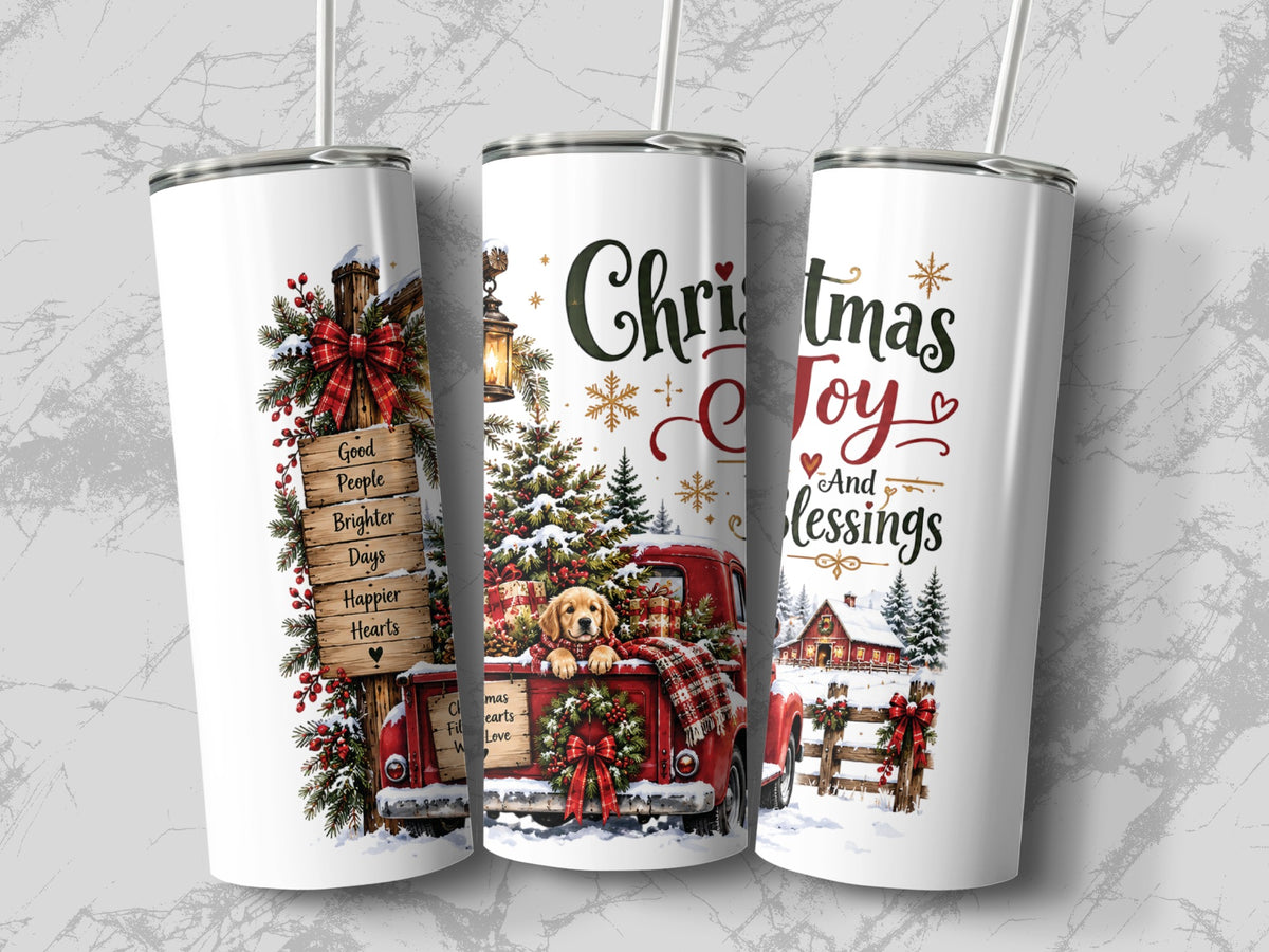 Three white tumblers with straws feature a Christmas truck graphic, a golden retriever, and holiday text.