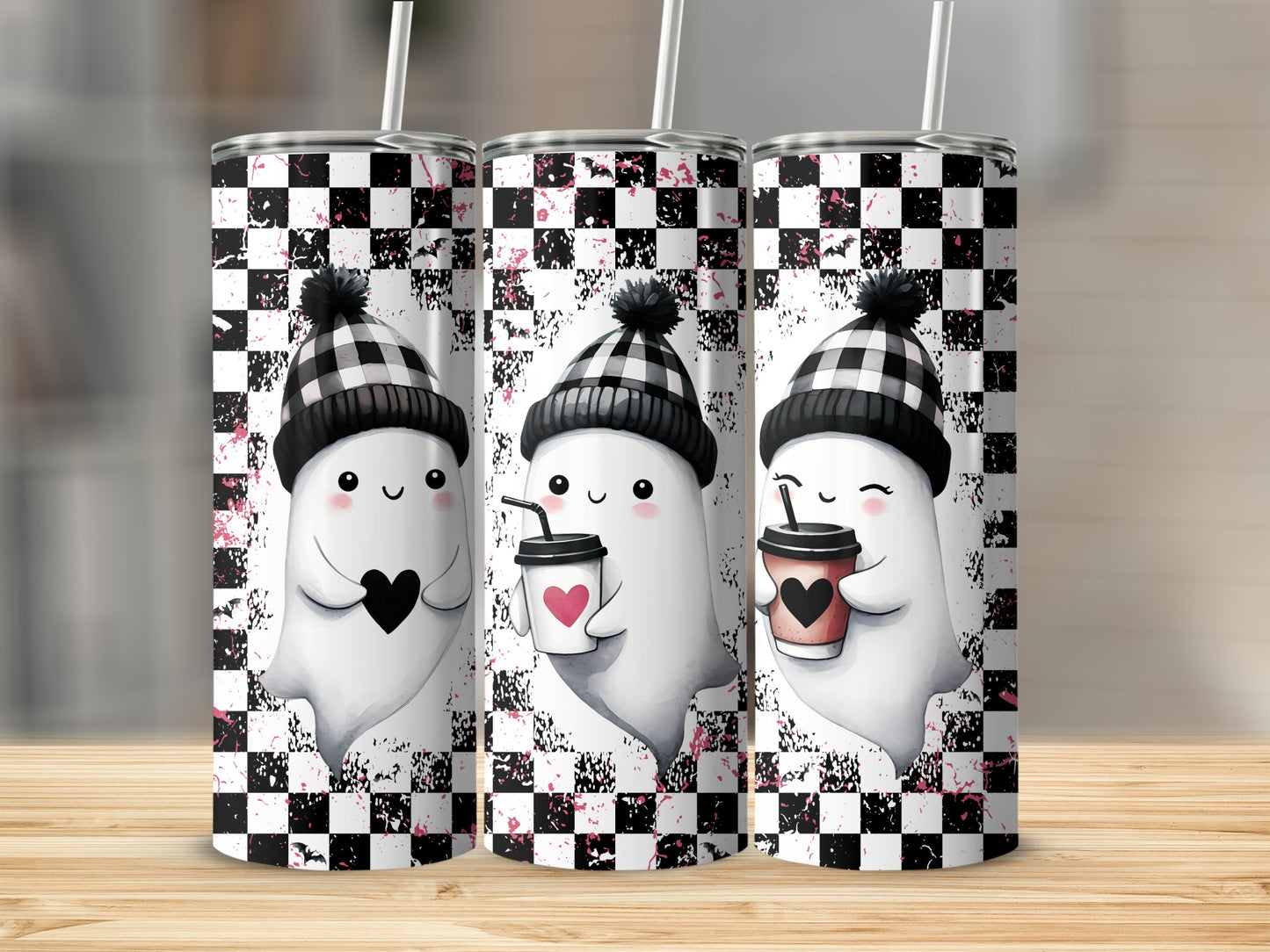 Three tumblers with ghosts holding hearts and coffee cups on a checkered background.