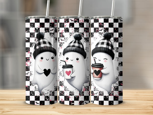 Three cute ghosts wearing checkered hats hold coffee cups on a distressed checkered background.