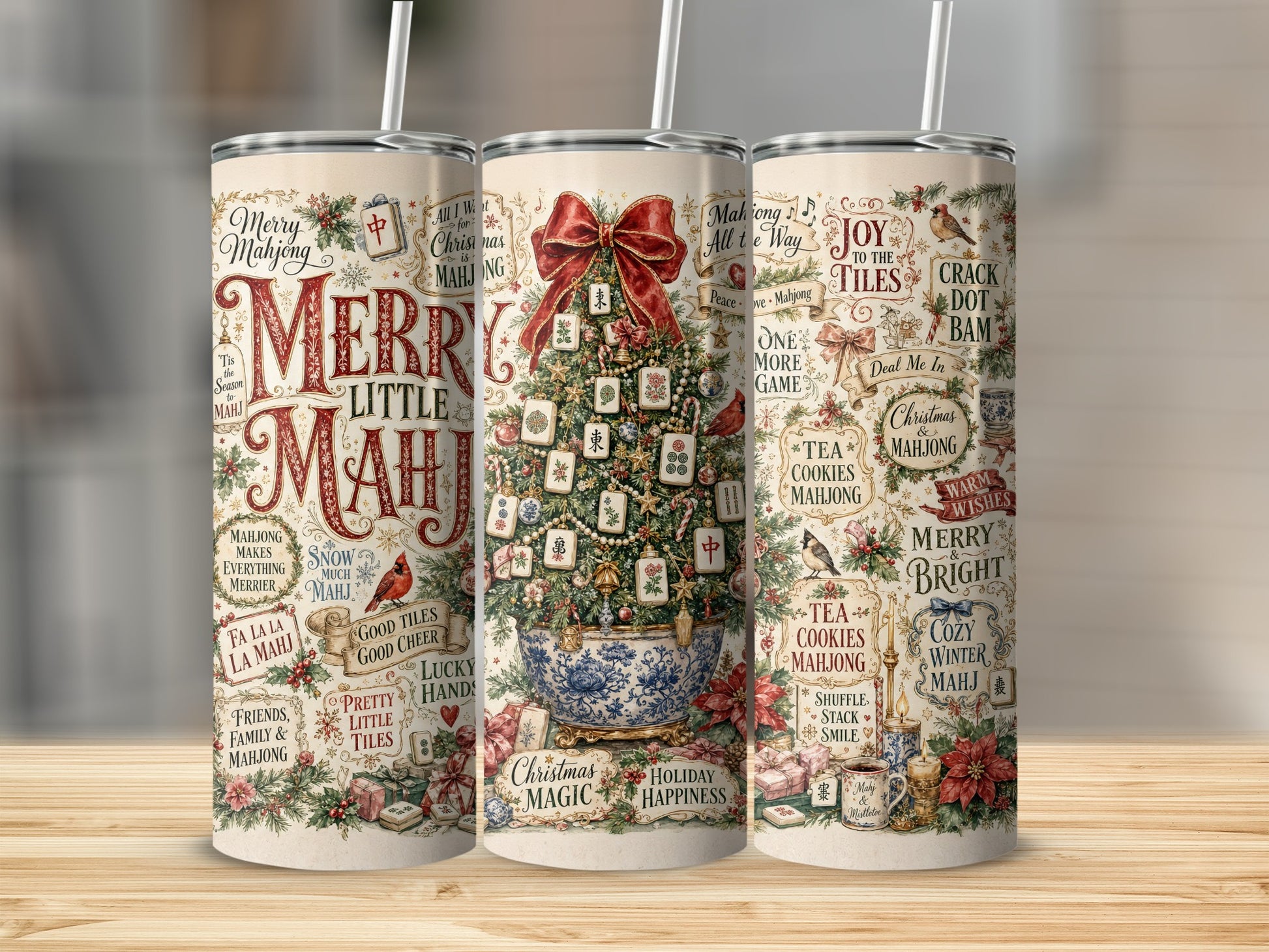 Christmas themed tumblers with Mahjong tiles, tree, and festive sayings.