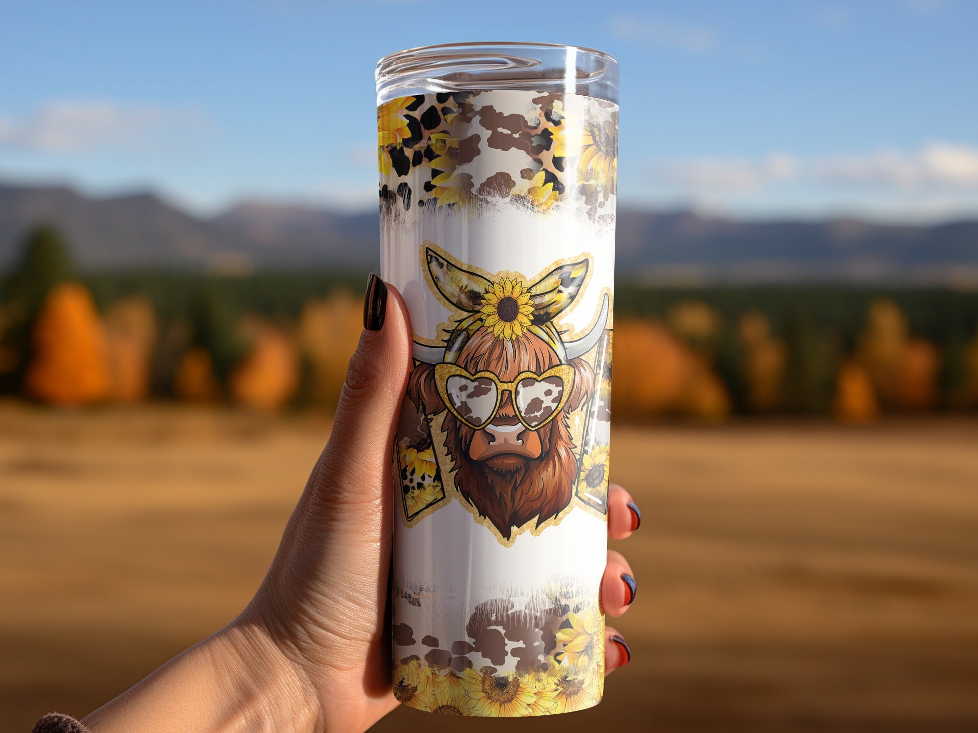 Fun Cow Design Tall Tumbler with Sunflowers Artwork