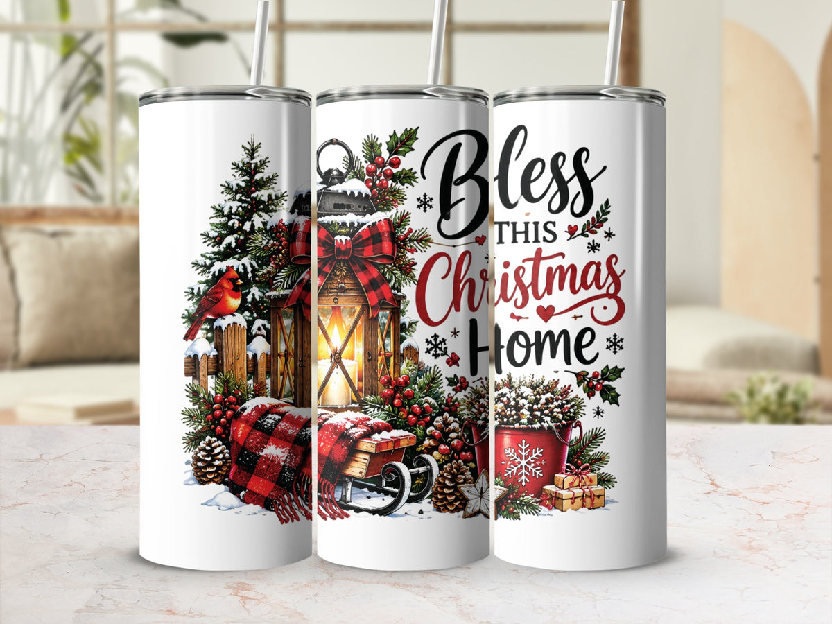 Three white travel tumblers featuring a Christmas design with a lantern, cardinal, and text reading "Bless this Christmas Home".