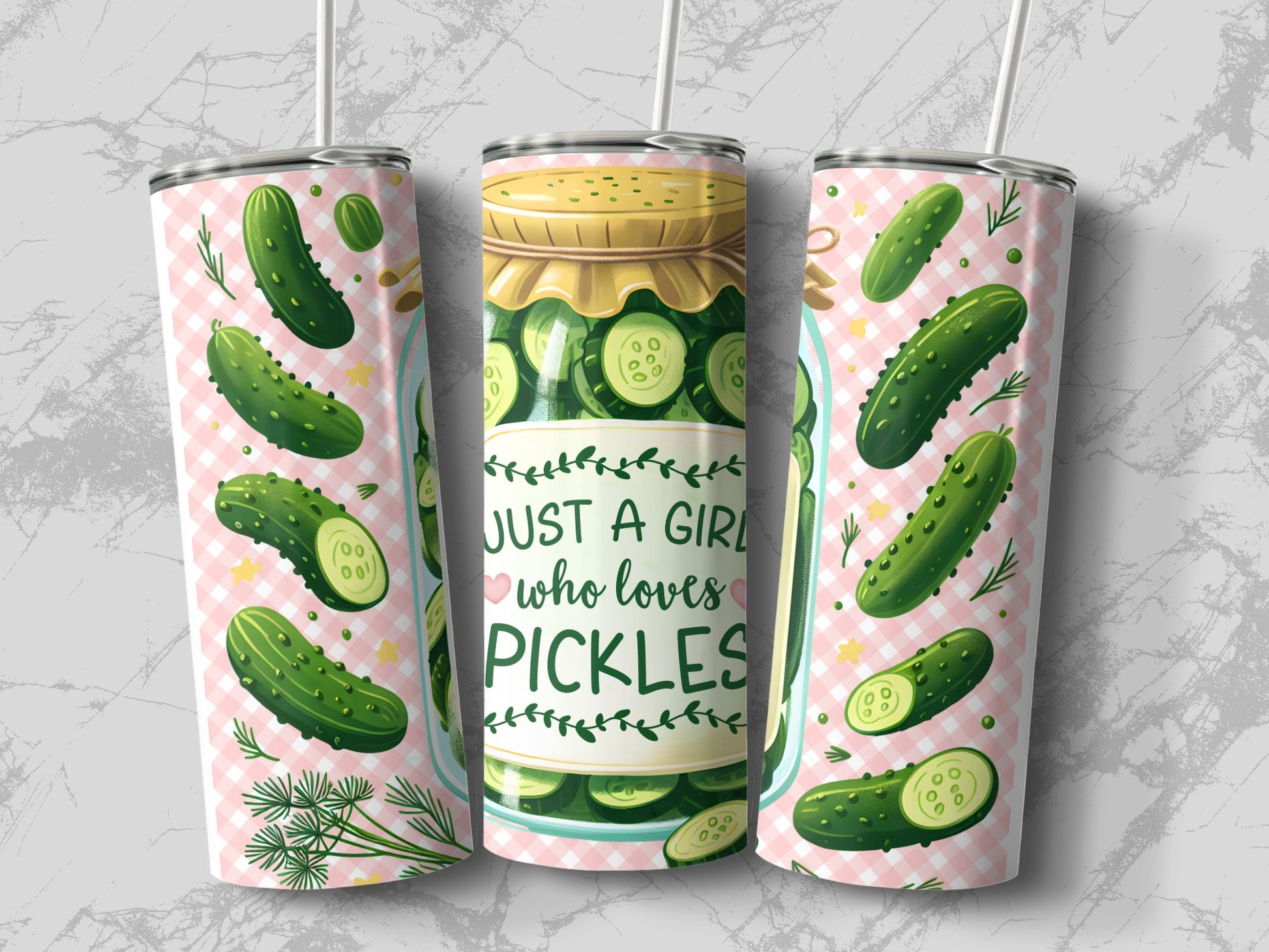 Three pickle-themed tumblers with "Just a girl who loves pickles" text.