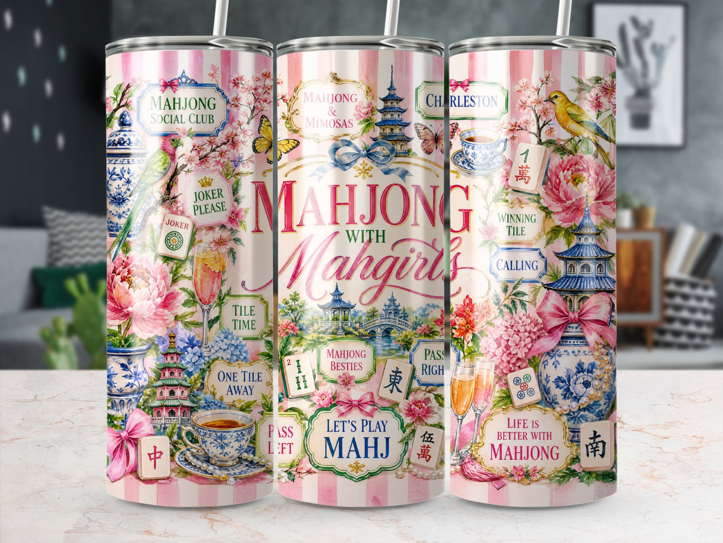 Tumbler with mahjong, flowers, birds, and Chinese pagoda motifs.