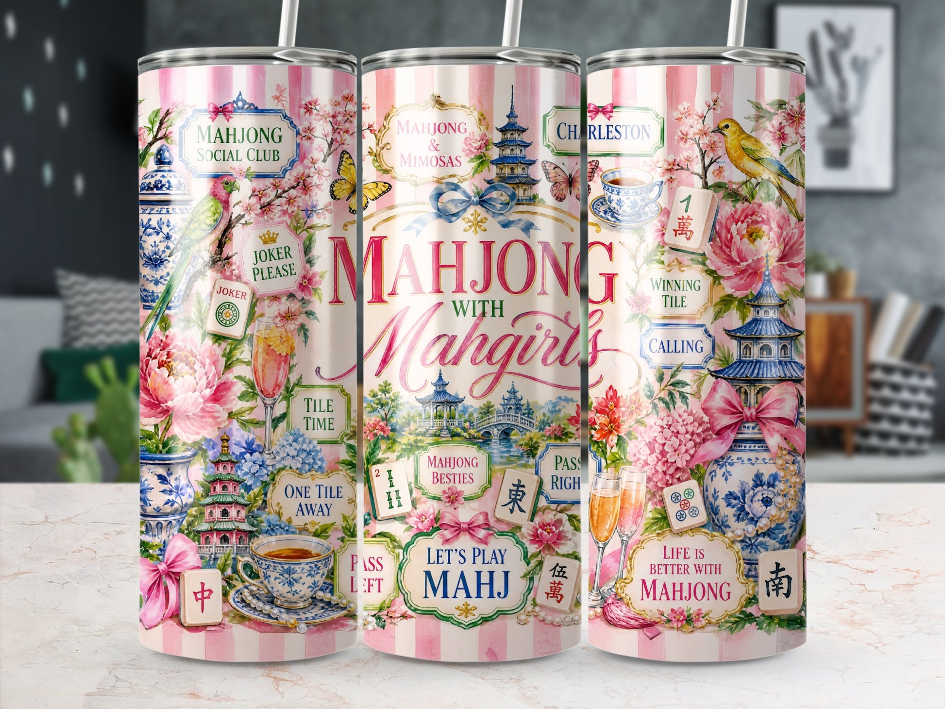 Tumbler with mahjong, flowers, birds, and Chinese pagoda motifs.