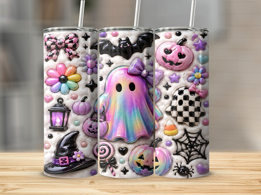 Three tumblers with holographic ghosts, pumpkins, bats, and Halloween icons.