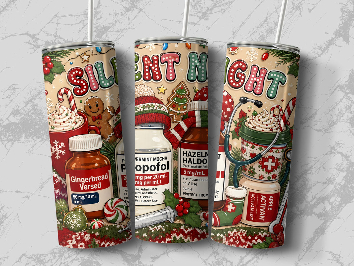 Three metal tumblers display a Christmas medical theme with festive illustrations, medication labels, and straws.