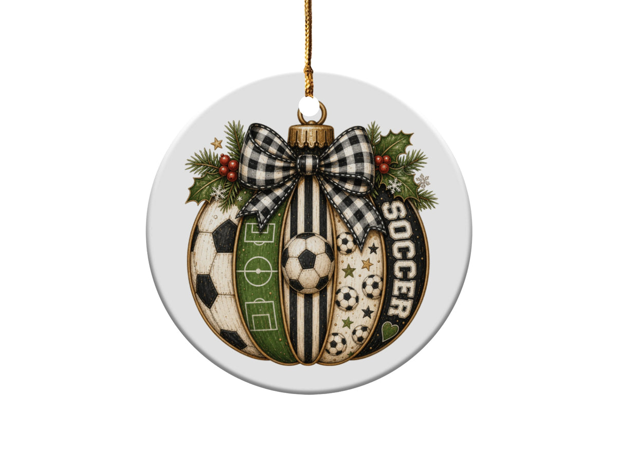 Round ornament with soccer balls, a field, and "SOCCER" text.