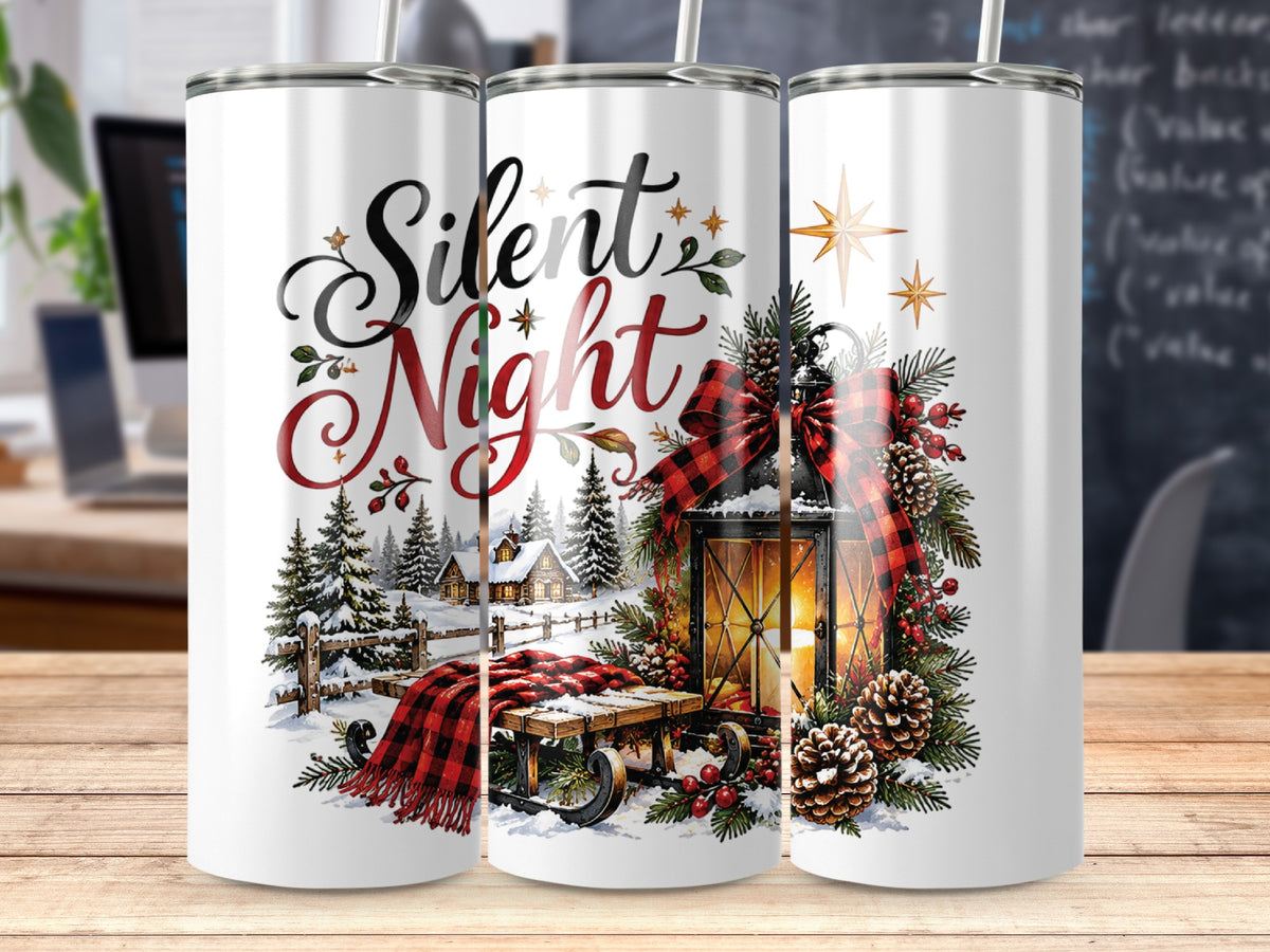 Three white insulated tumblers featuring a Silent Night holiday design with a lantern and snowy village.