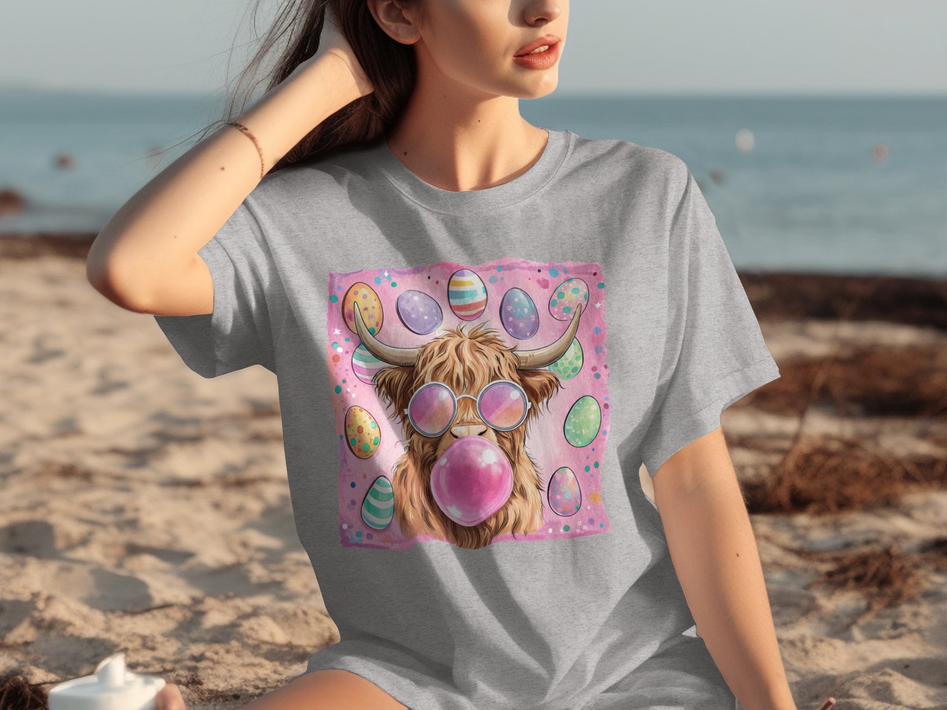 Cool Bull with Colorful Easter Eggs on Grey T-Shirt