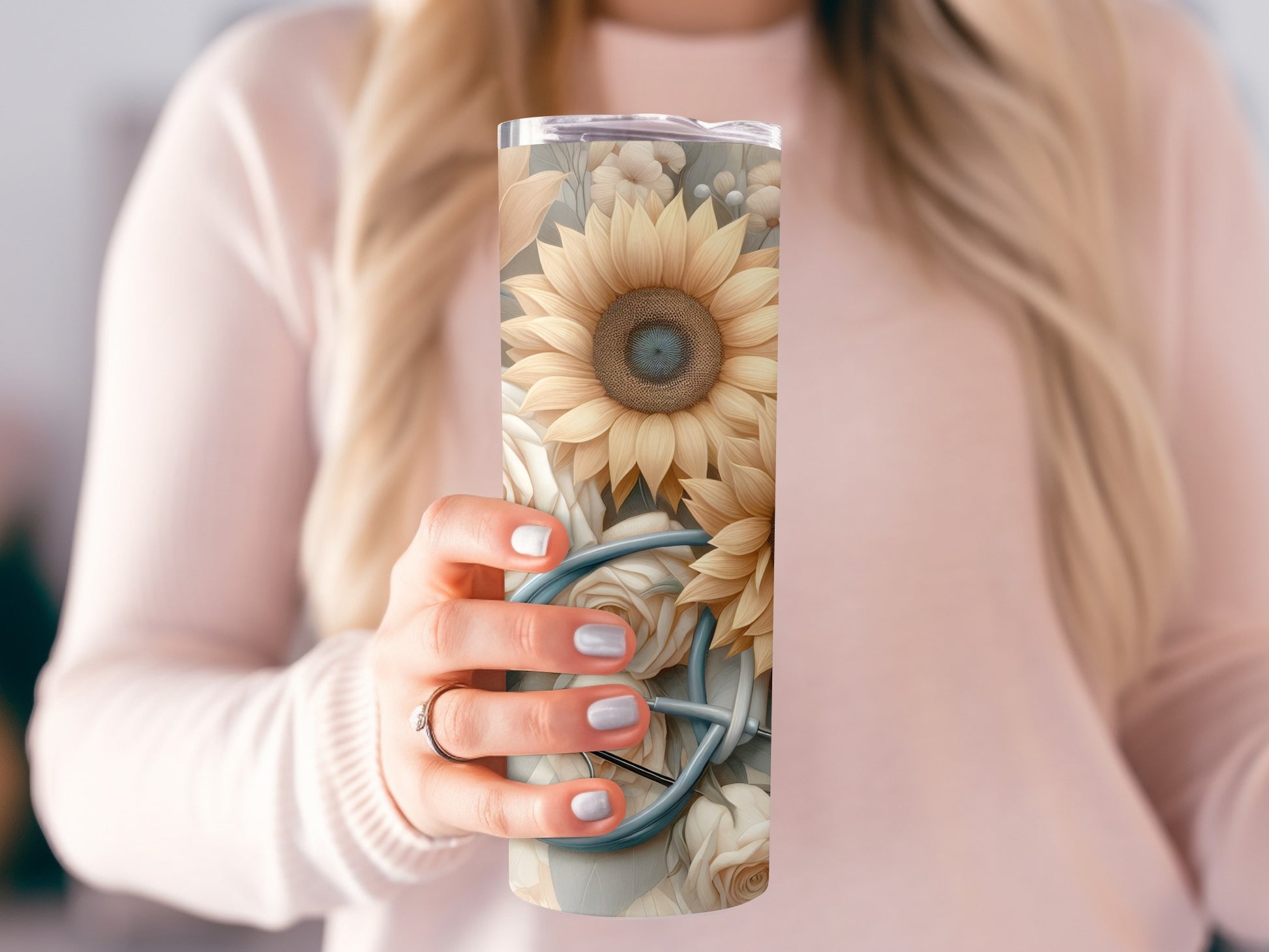 Sunflower and rose floral tumbler with stethoscope design.