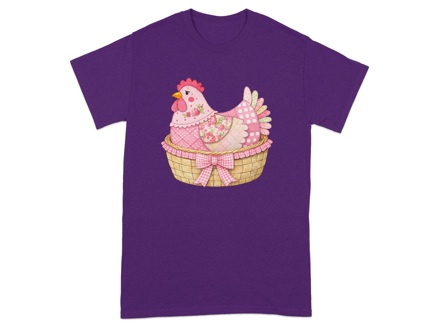 Pink Floral Chicken in Basket on Purple T-Shirt