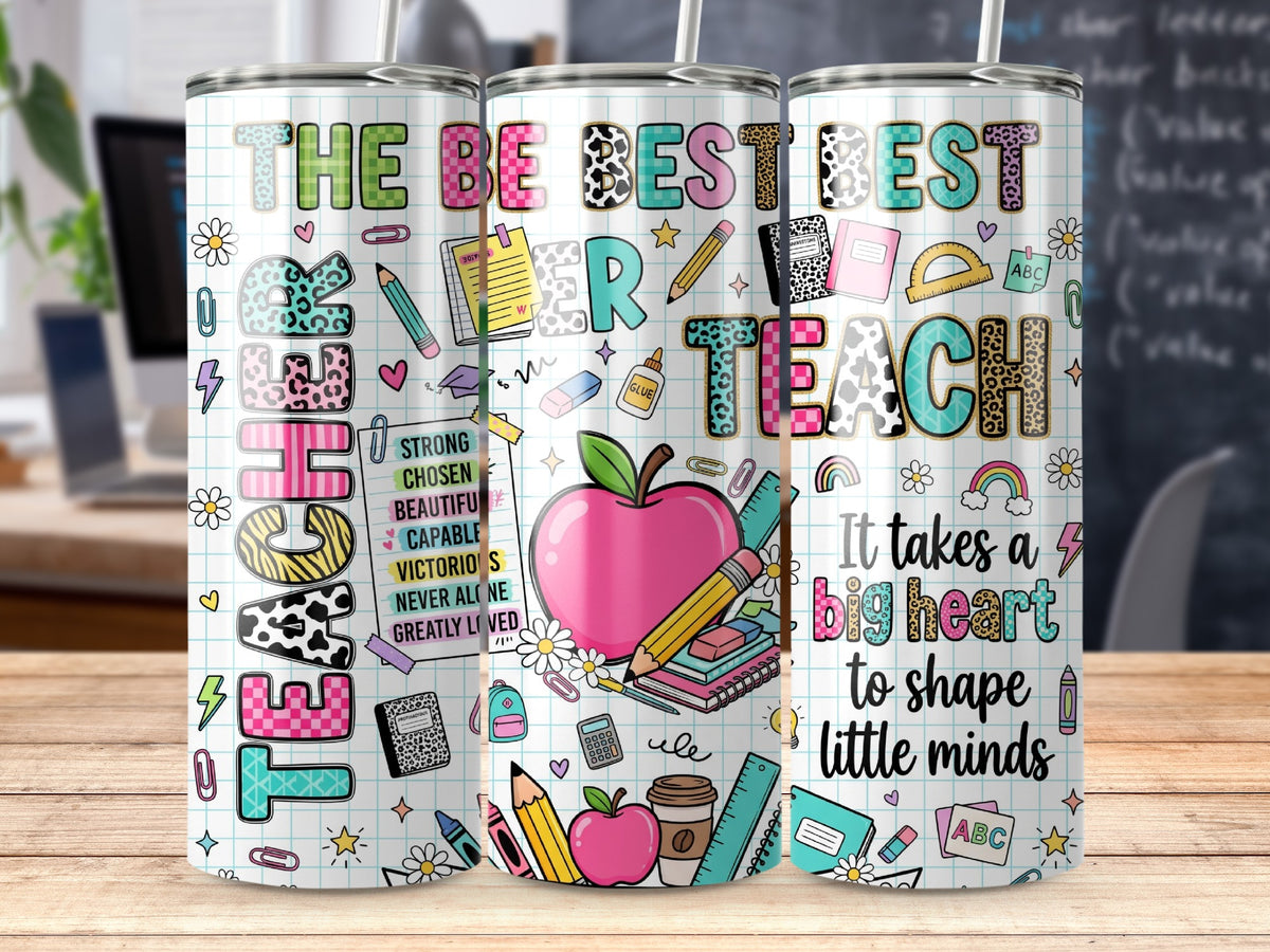 Three tall stainless steel tumblers stand on a wooden surface, displaying school-themed designs with graph paper backgrounds, colorful lettering, and illustrations of pencils, apples, and books.