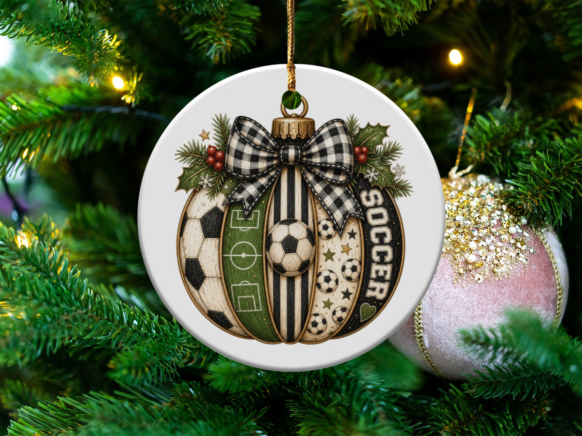 Round soccer-themed Christmas ornament with a black and white checkered bow and "SOCCER" text.