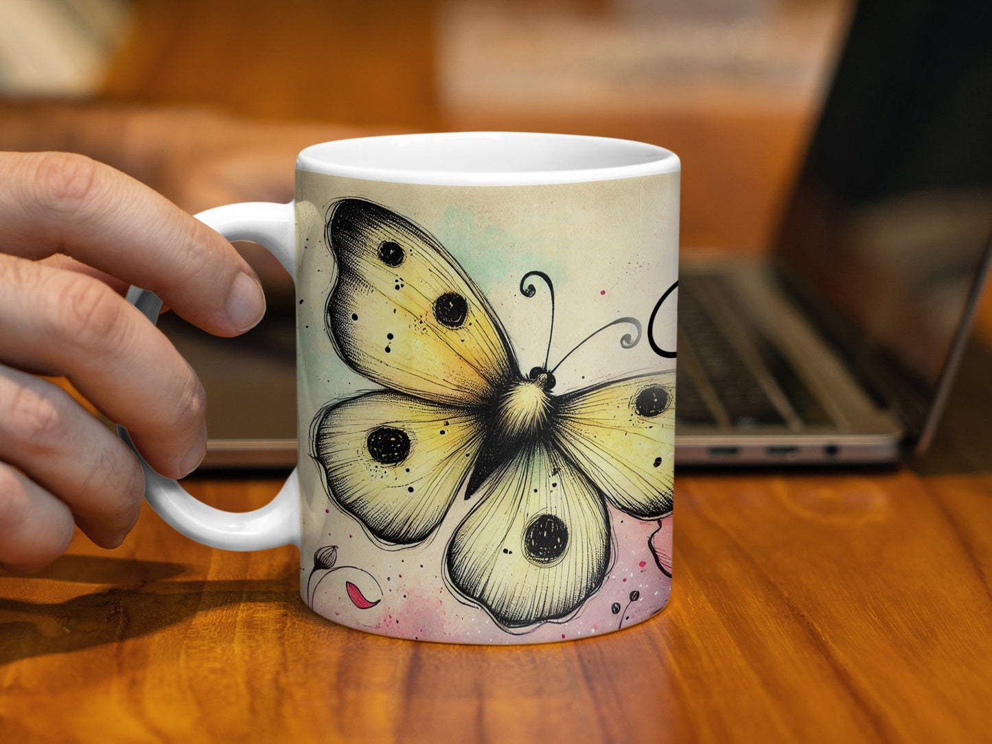Yellow Butterfly Watercolor Art Design Beverage Mug product type