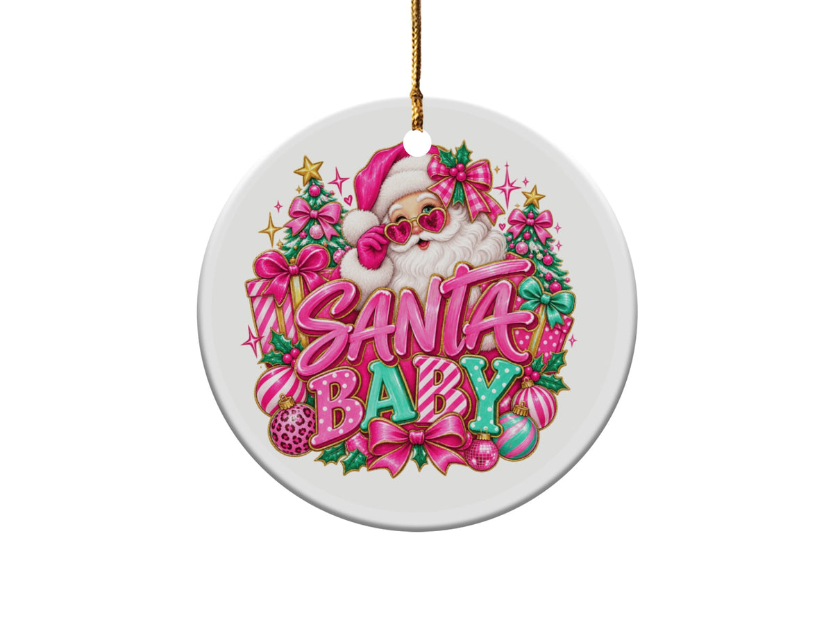 Round ornament with "Santa Baby" text, Santa, Christmas trees, and gifts.