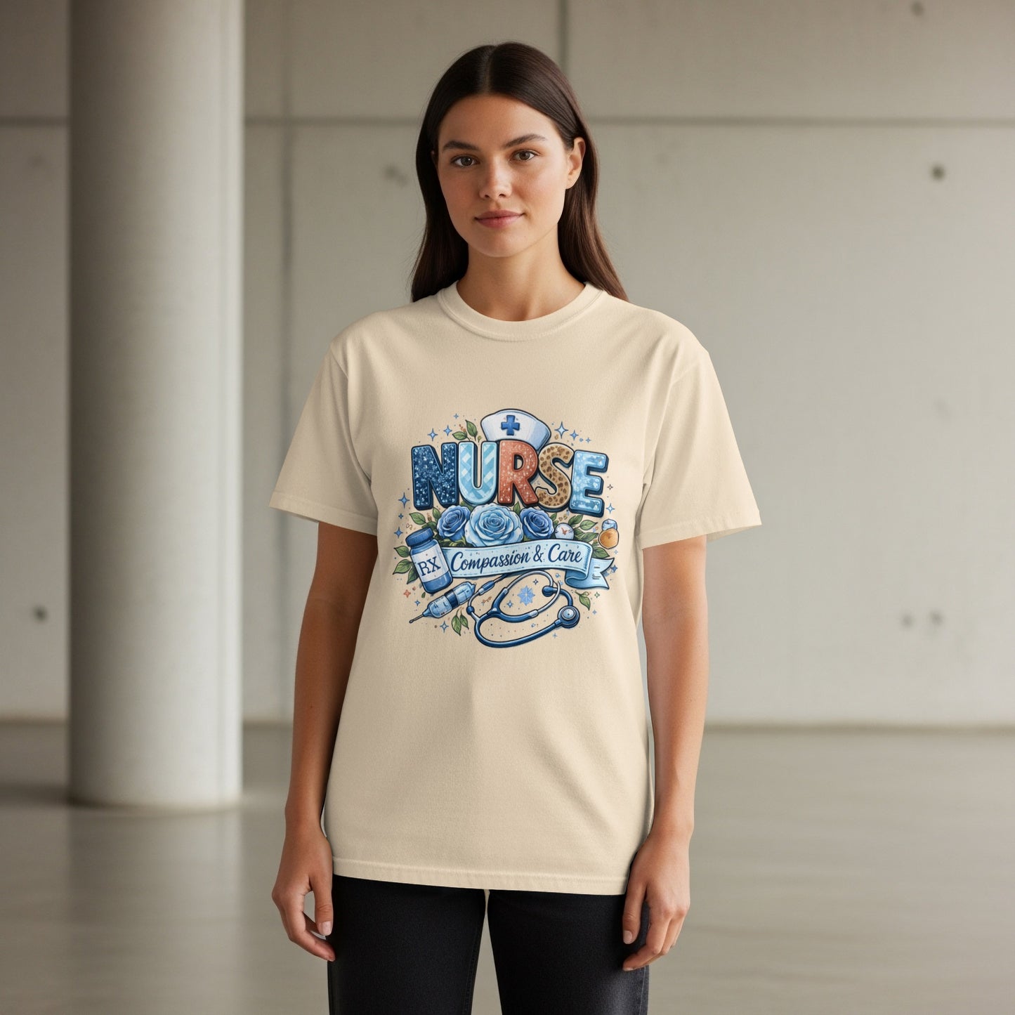 Cream t-shirt with "Nurse Compassion & Care" graphic featuring stethoscope and rose.