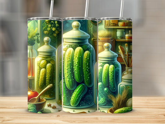 Three jars of pickles stand on a wooden surface with a kitchen background.