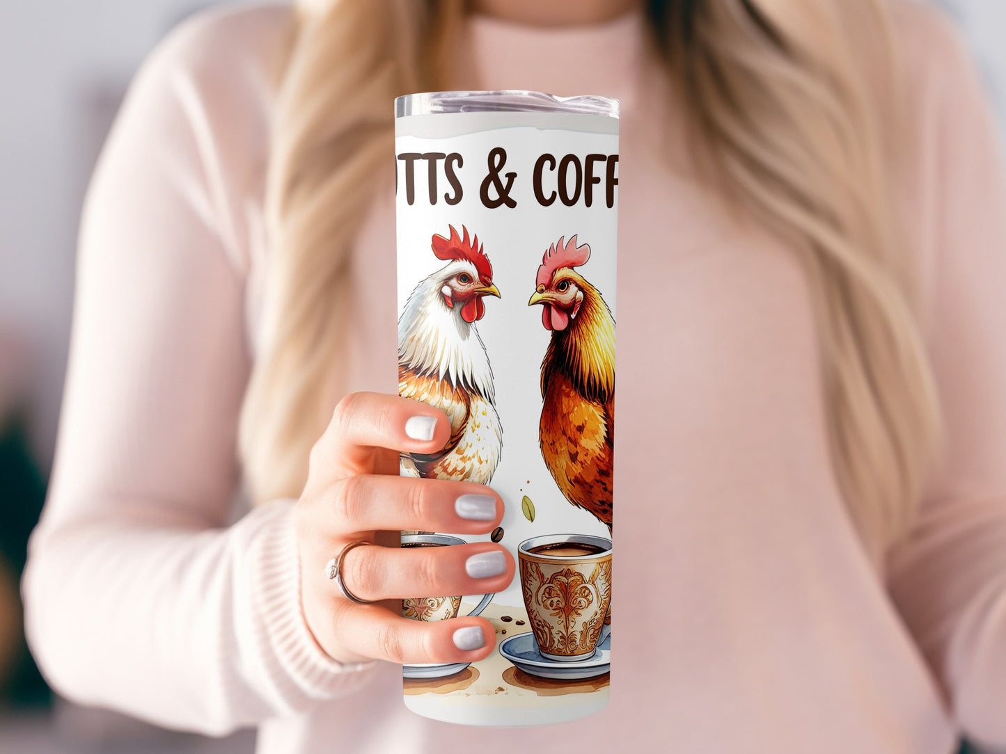 Tumbler with chickens and coffee cups, featuring text "GUTS & COFFEE".