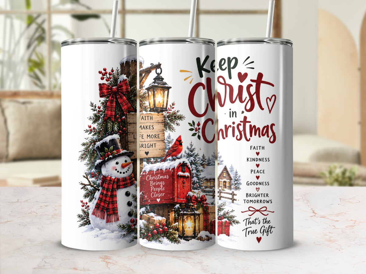 Three tall white tumblers display a Christmas design featuring a snowman, a red mailbox, and holiday text.