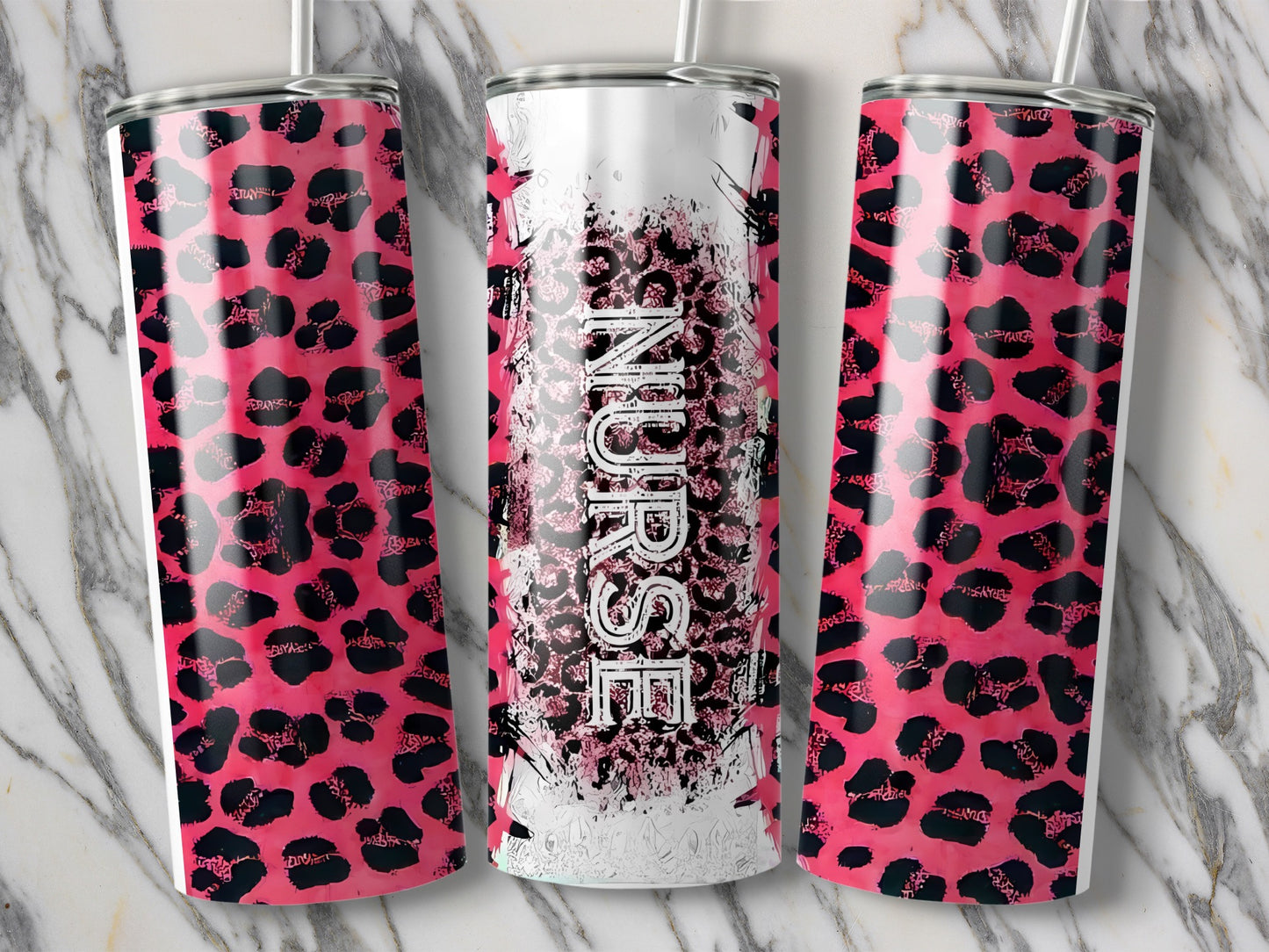 Three tumblers with leopard print and "Nurse" text.