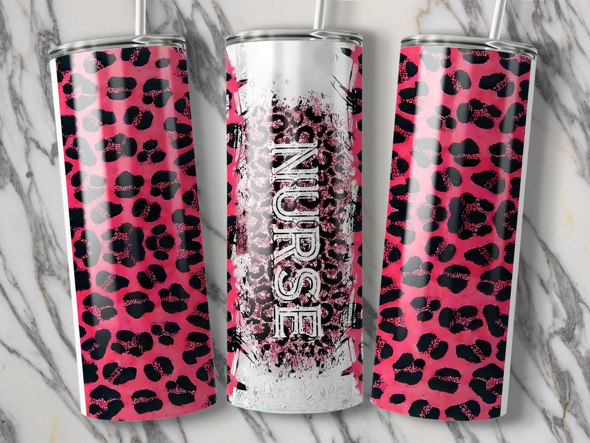 Three tumblers with leopard print and "Nurse" text.