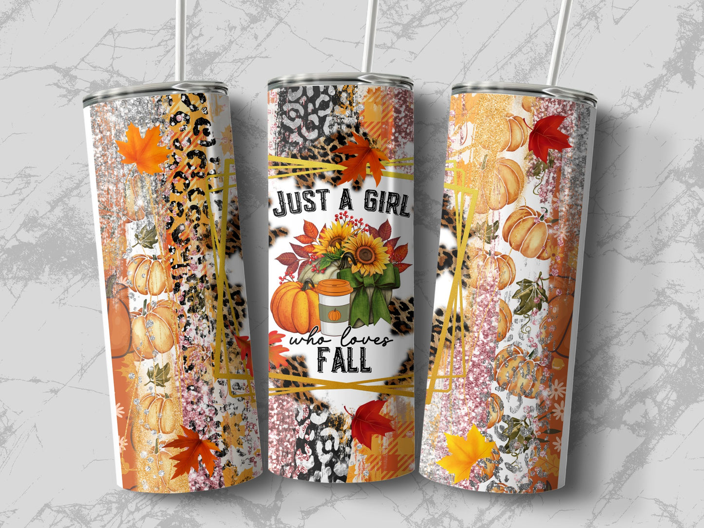 Three tumblers with autumn patterns featuring pumpkins, sunflowers, leopard print, and glitter.