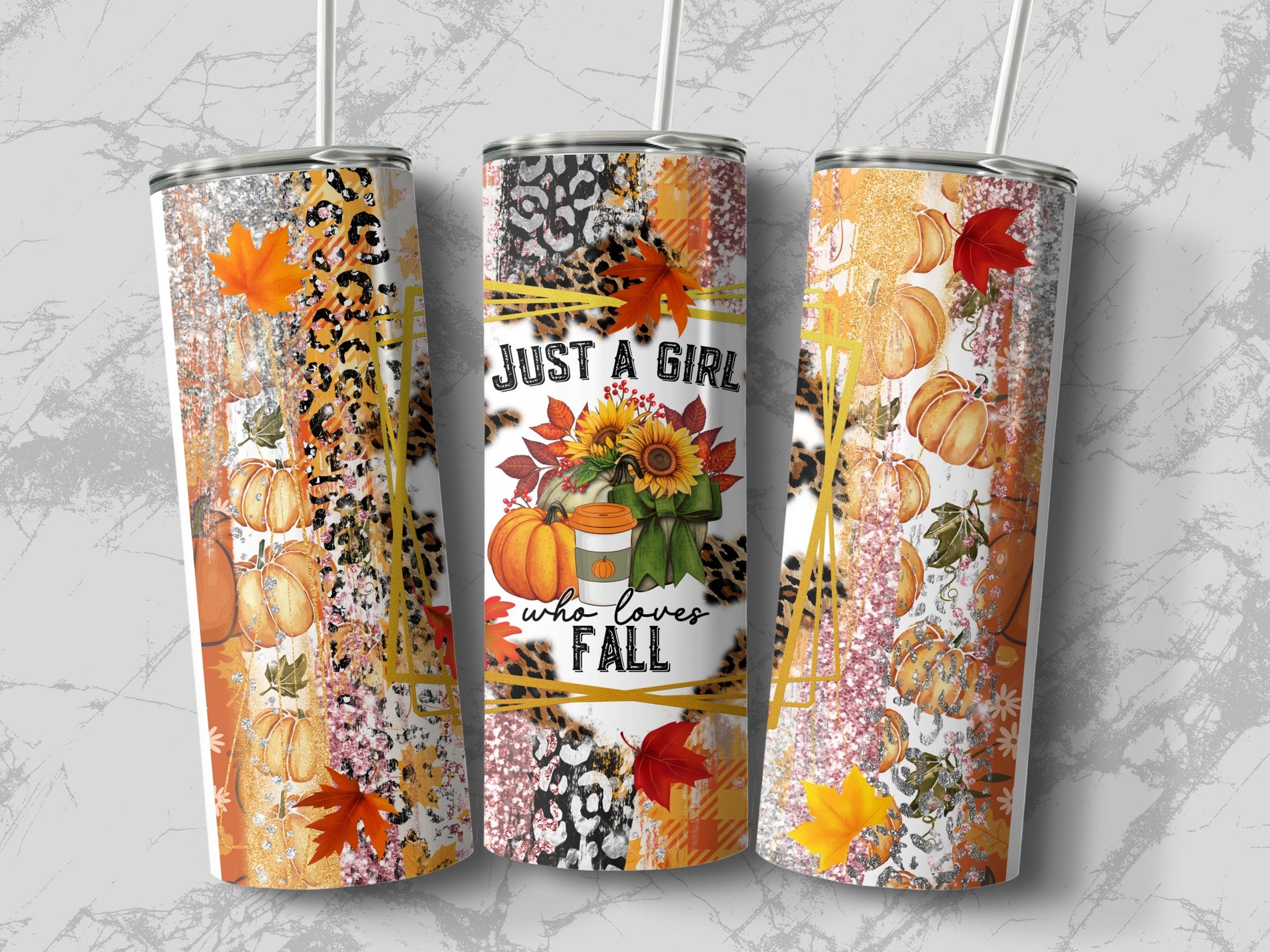 Three tumblers with autumn patterns featuring pumpkins, sunflowers, leopard print, and glitter.