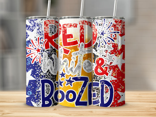 Red White & Boozed tumbler with patriotic stars and fireworks design.