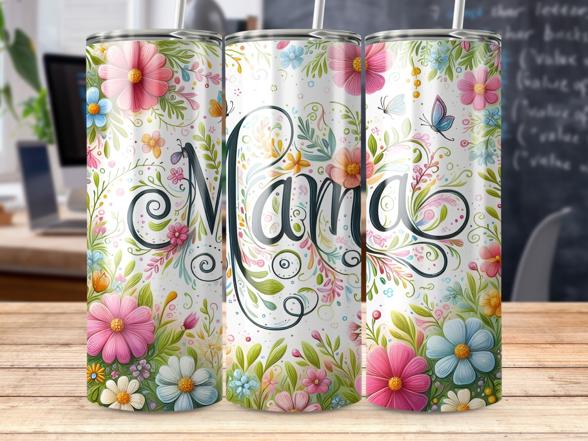 Floral Mama tumbler with colorful flowers and butterflies.