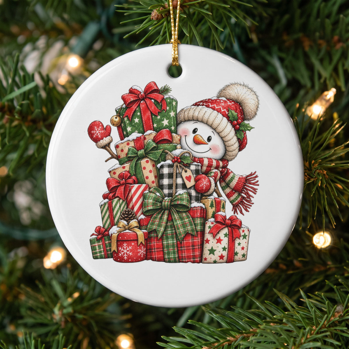 Round Christmas ornament featuring a smiling snowman surrounded by gifts.