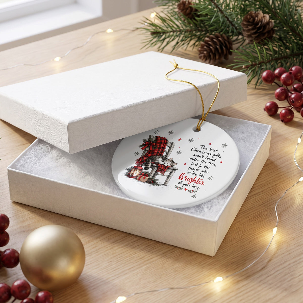 A round white ceramic Christmas ornament featuring a sleeping cat graphic and inspirational holiday text rests inside an open white gift box.