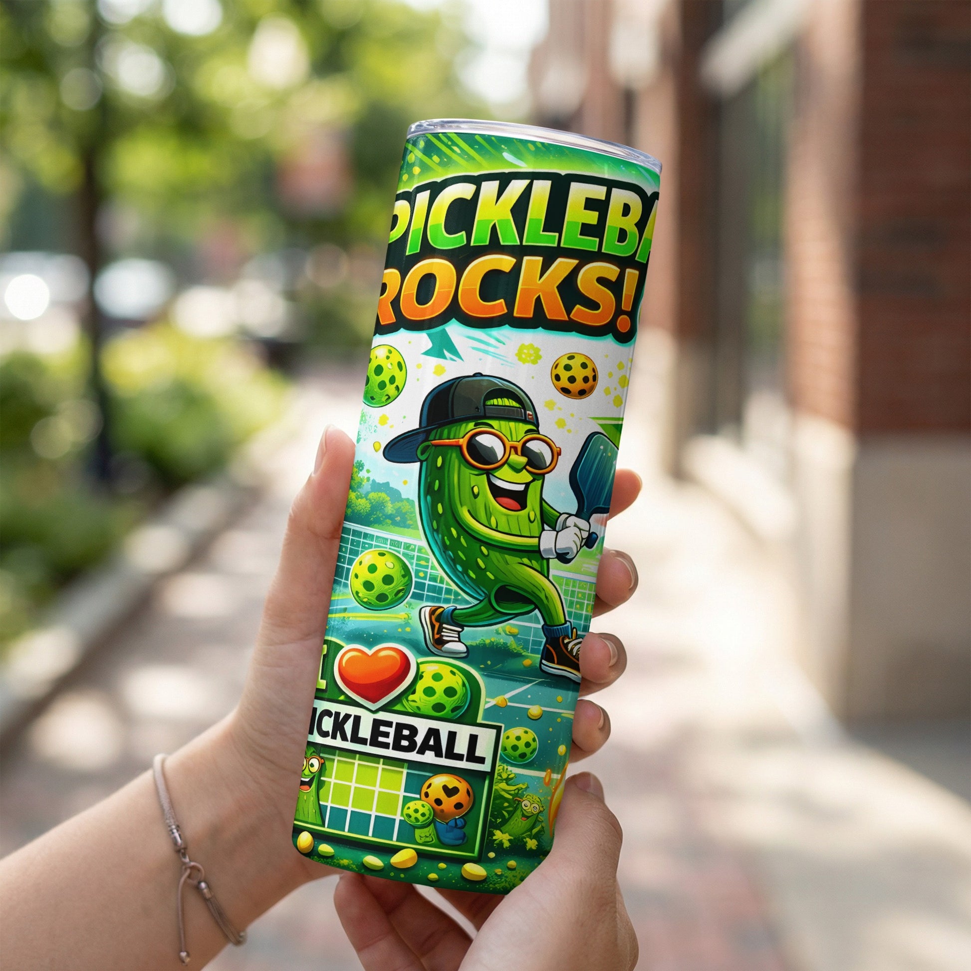 Pickleball Rocks tumbler featuring cartoon pickle playing pickleball.