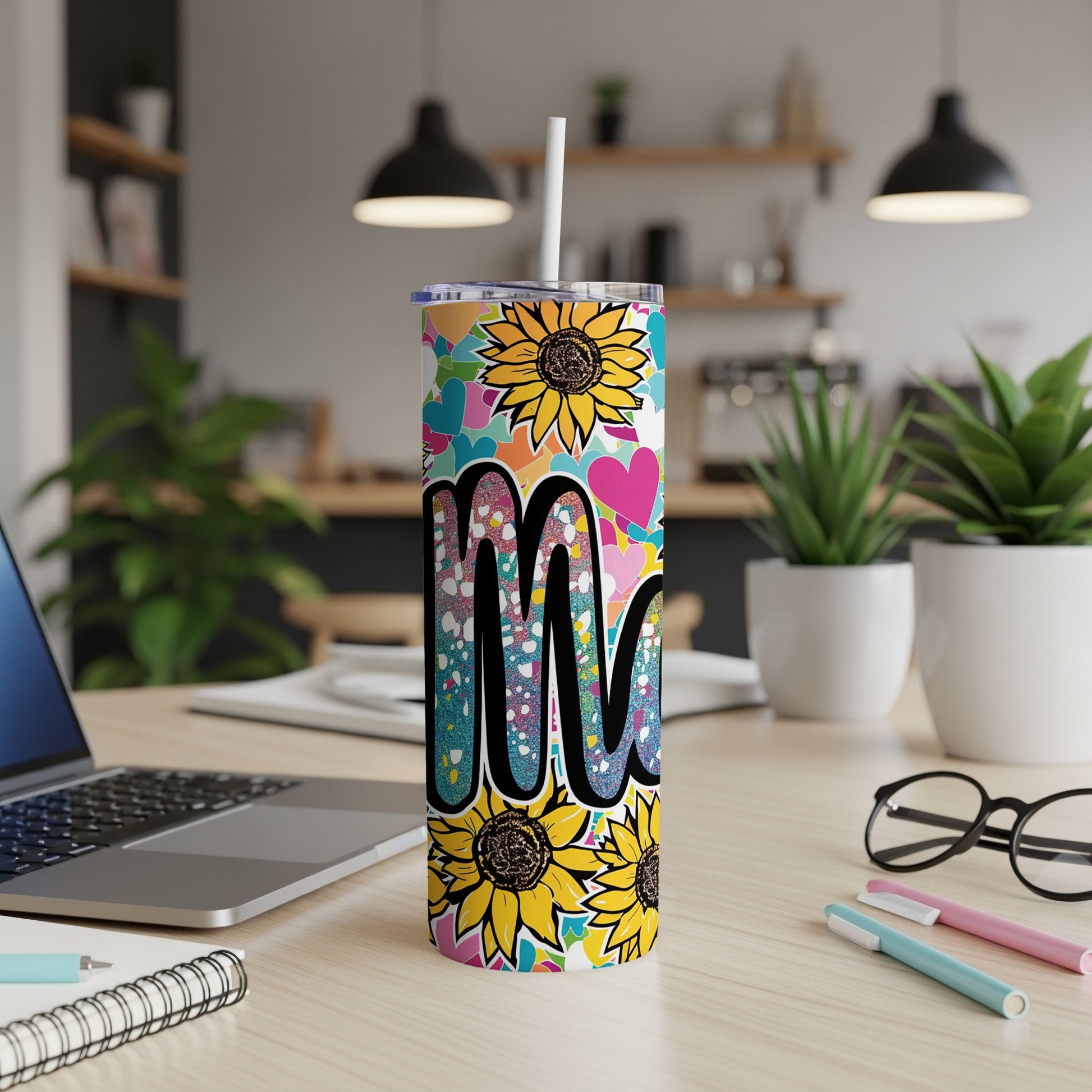 Colorful Sunflower and Heart Pattern Tumbler Cup