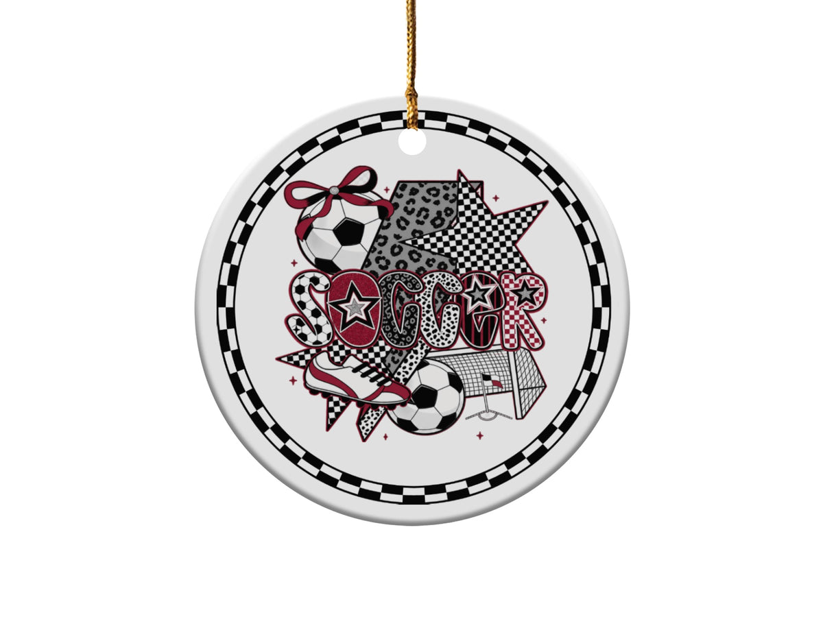 Round ornament with "Soccer" text surrounded by soccer balls, a shoe, and a goal.