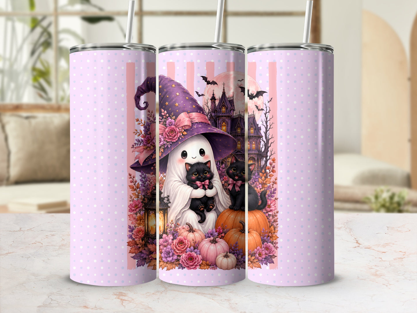 Ghost with witch hat, black cats, pumpkins, and haunted house on lavender polka dot tumblers.