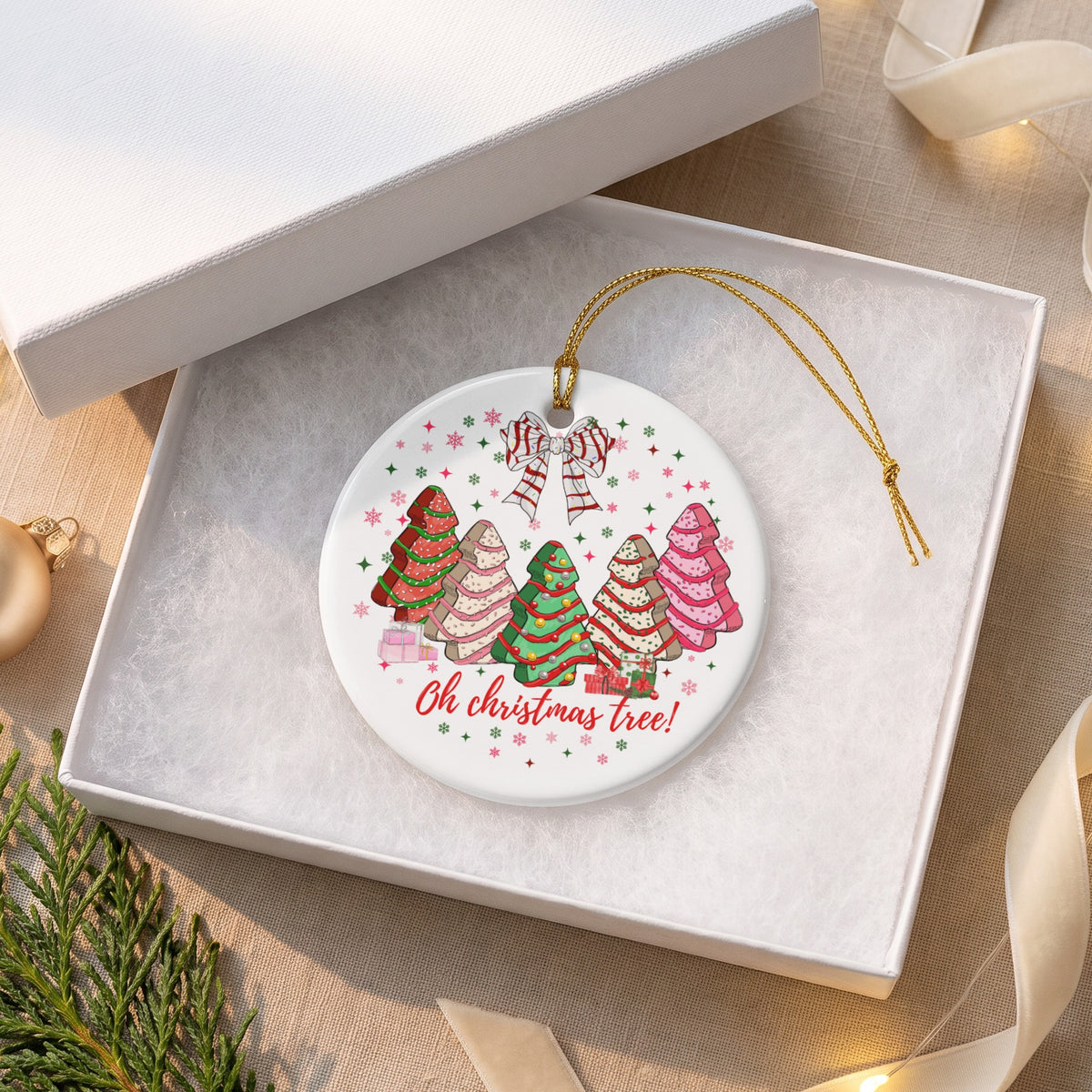 Round ornament with decorated Christmas trees and "Oh Christmas tree!" text.