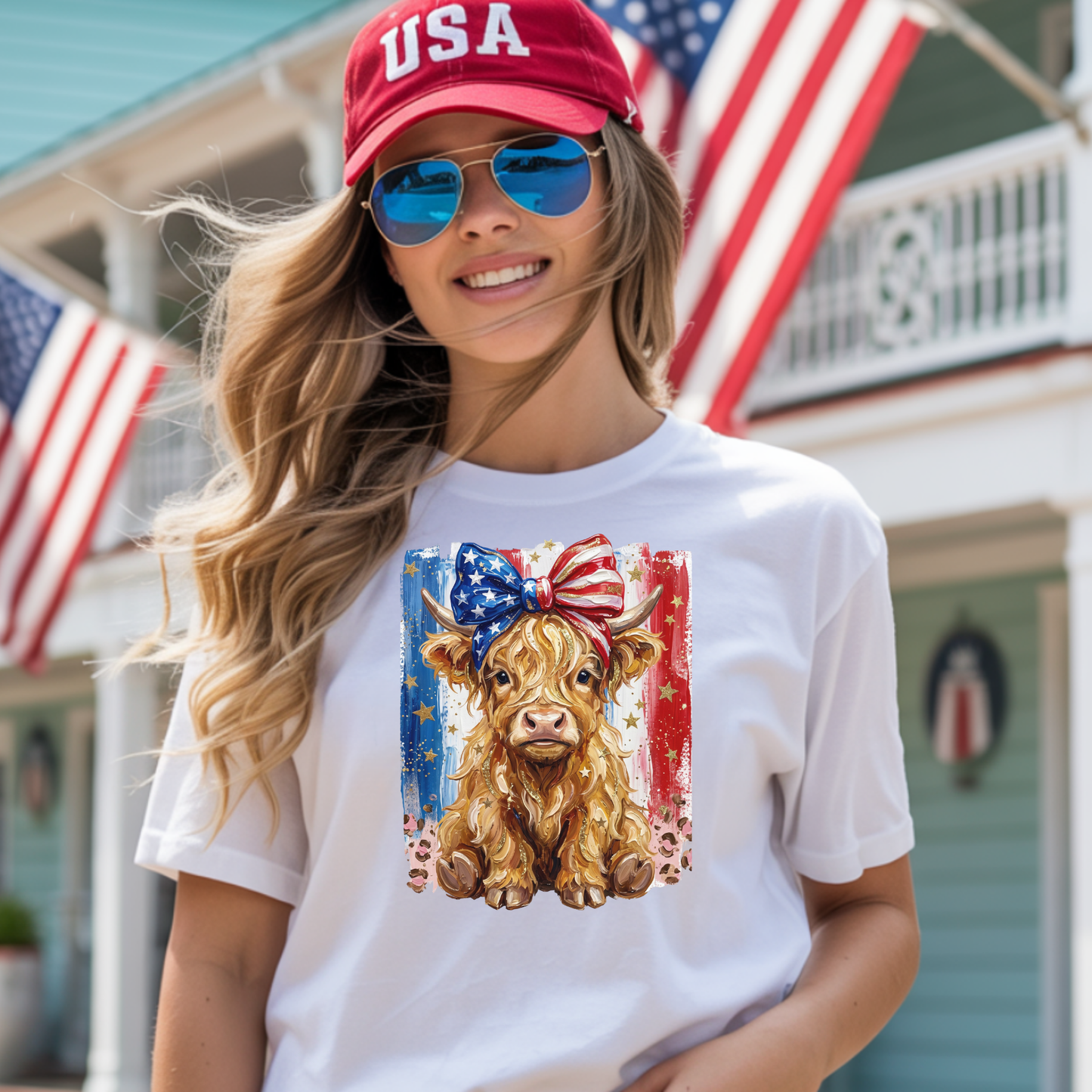 Patriotic 4th of July Highland Cow T-Shirt