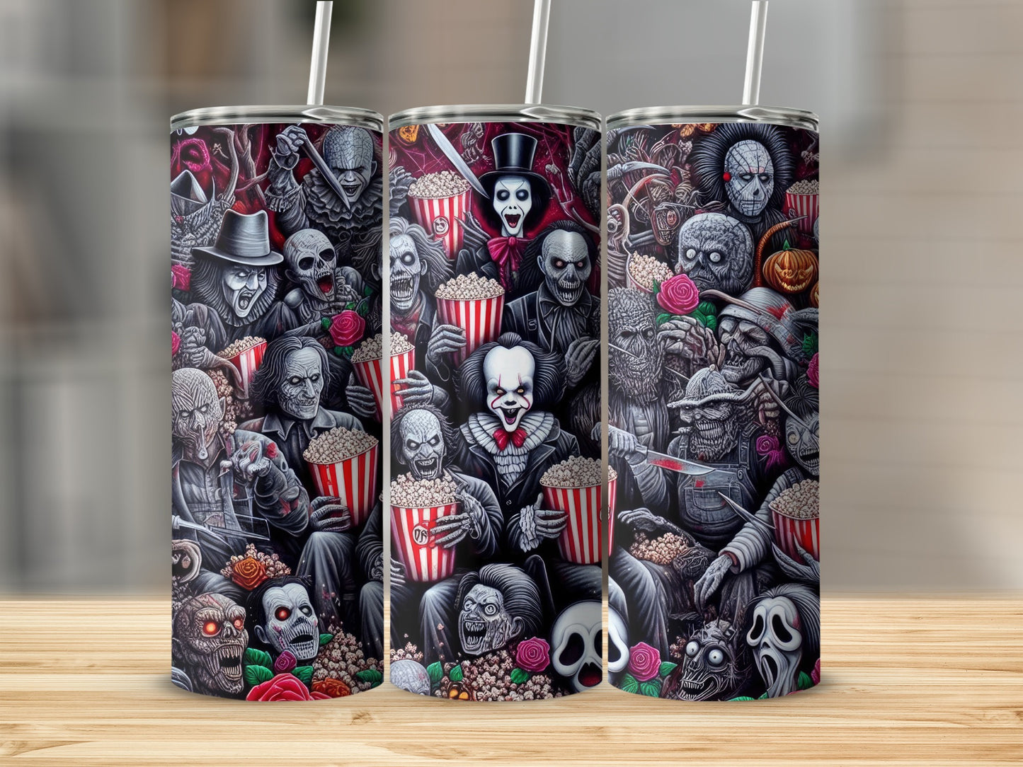Horror movie characters with popcorn and roses wrap around three tumblers.