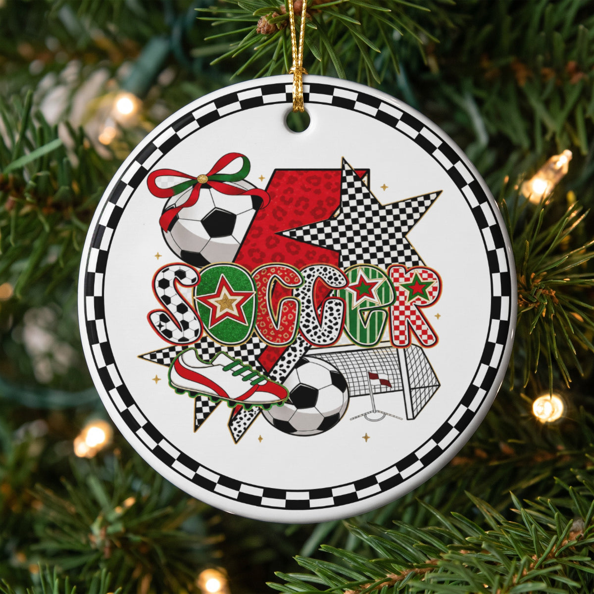 Round ceramic ornament with "SOCCER" text, soccer balls, a cleat, and goal.