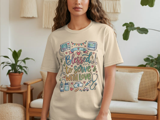 Cream t-shirt with "Blessed to serve with love" and medical icons.
