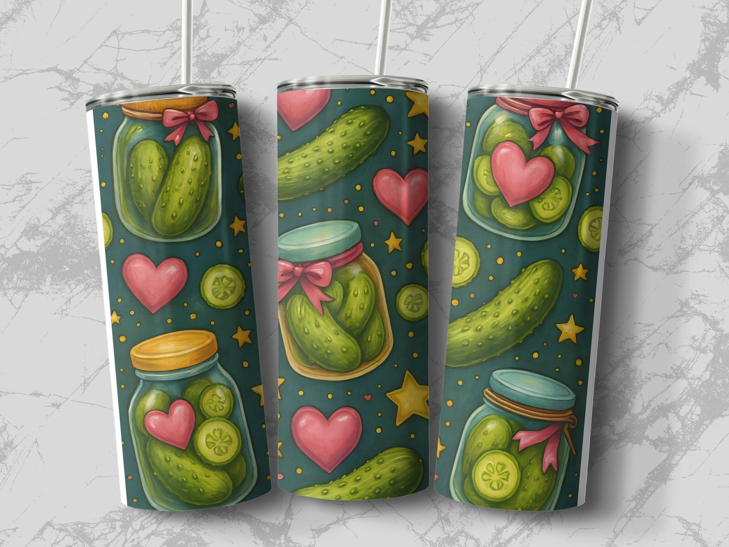 Three tumblers with a pickle and heart pattern against a marble background.