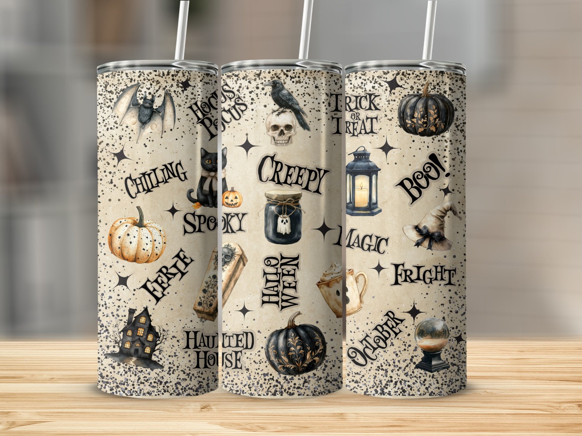Halloween themed tumbler with bats, pumpkins, skulls, cats, and spooky text.