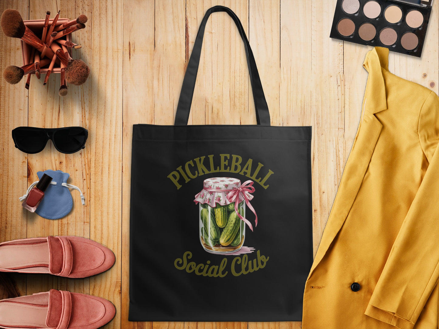 Black tote bag with "Pickleball Social Club" text and jar of pickles.