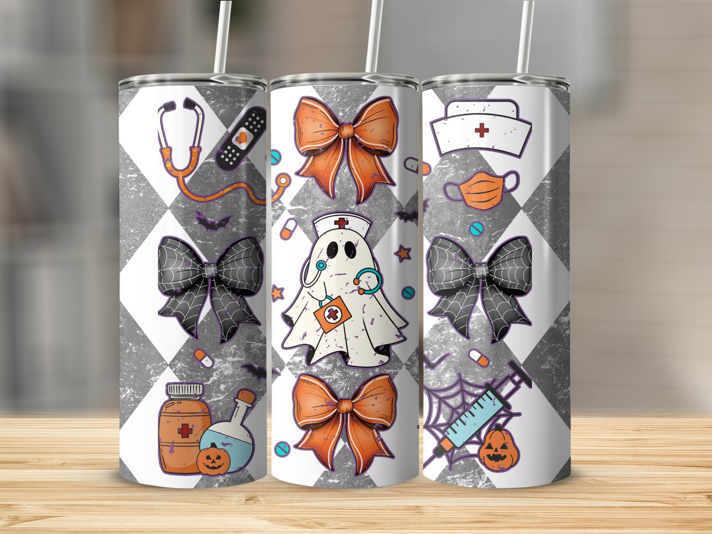 Three tumblers with a Halloween nurse theme featuring ghosts, bows, and medical symbols.