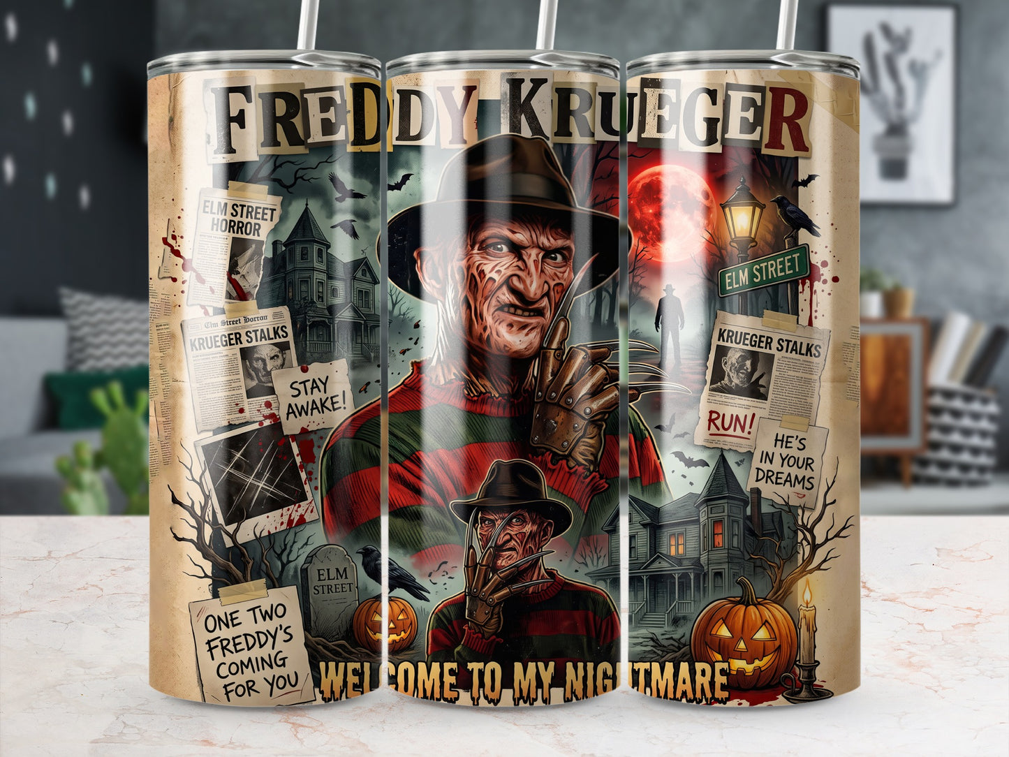 Freddy Krueger art with newspaper clippings, haunted house, and pumpkins.