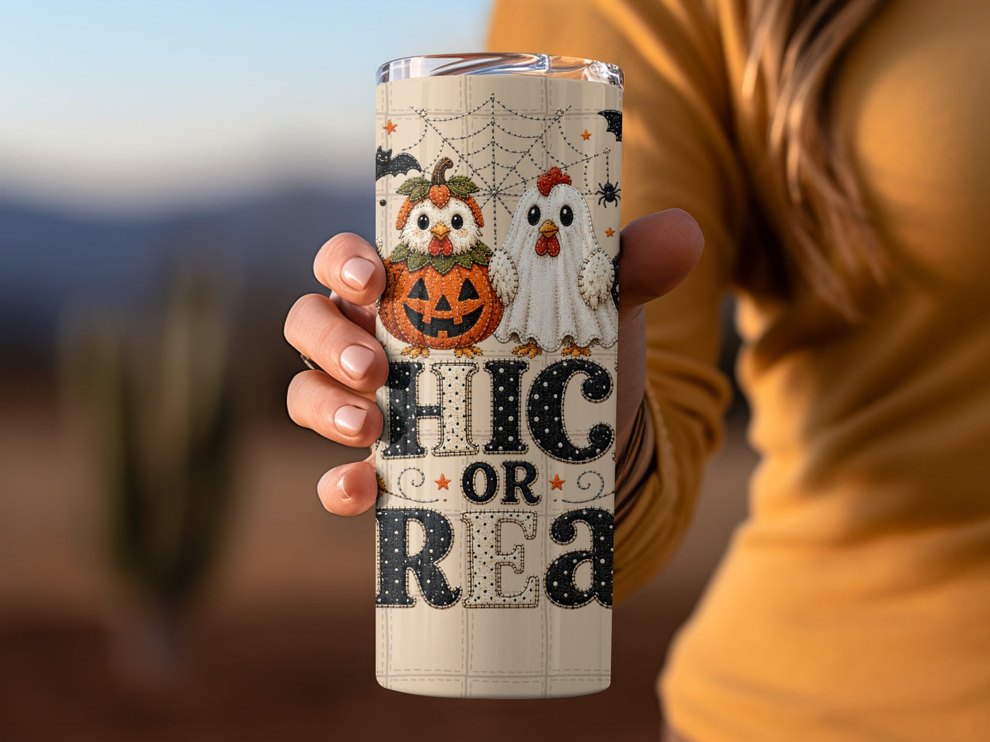 Tumbler with chickens dressed as a pumpkin and ghost, text says "HIC OR REA".
